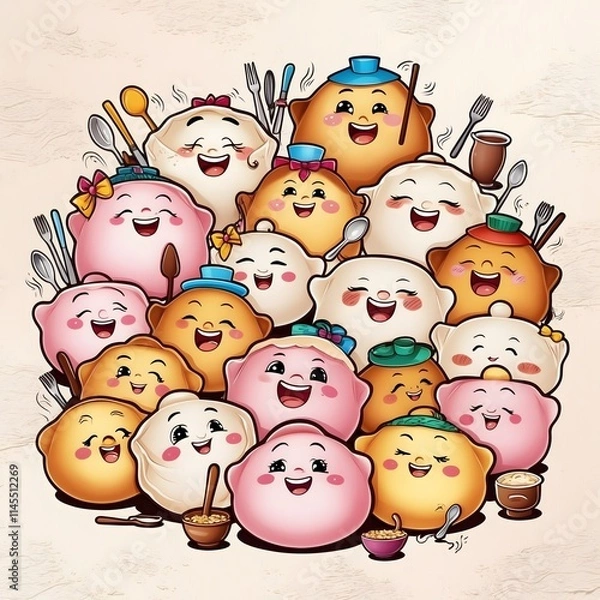 Fototapeta Adorable Dumpling Characters: Whimsical Faces and Fun Accessories in a Cartoon Style