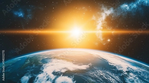 Fototapeta A stunning sunrise view of Earth from space reveals vibrant colors and twinkling stars.
