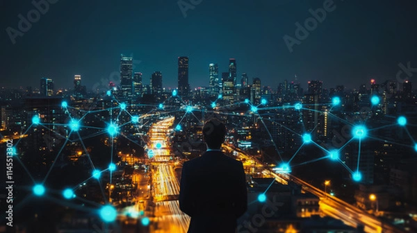 Fototapeta Smart digital Innovation city with connection network reciprocity over the cityscape. of future smart wireless city and social media networking systems that connects business people with in city