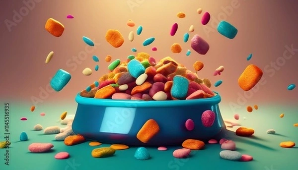 Fototapeta Dynamic cartoon style dog bowl with vibrant pet food pieces flying into the air. Generative AI