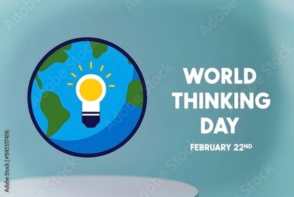 Fototapeta Celebrate World Thinking Day with a light blue design featuring a cartoon Earth and lightbulb illustration, symbolizing global ideas and creativity.