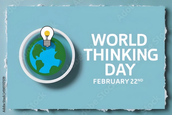 Fototapeta Celebrate World Thinking Day with a light blue design featuring a cartoon Earth and lightbulb illustration, symbolizing global ideas and creativity.