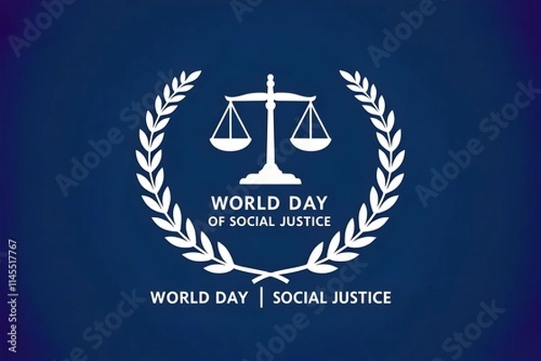 Fototapeta Celebrate World Day of Social Justice with a minimalist design featuring a white balance scale surrounded by a laurel wreath on a solid blue background.
