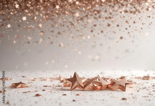 Fototapeta Luxurious confetti stars in rose gold and champagne on a white background, stars, shiny, confetti