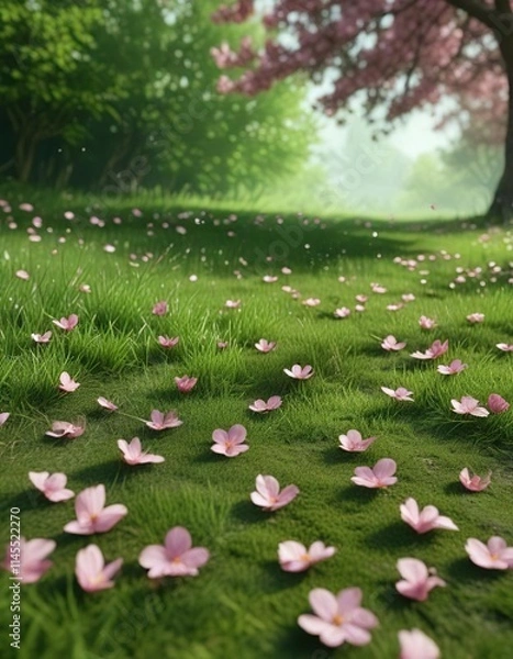 Fototapeta Pink sakura petals gently falling on a green grass background, Japanese culture, Easter