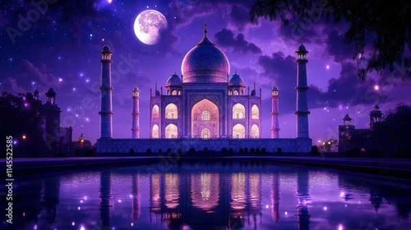 Fototapeta Majestic Taj Mahal Under a Moonlit Sky Reflecting in Tranquil Water Surrounded by Sparkling Stars and Clouds, Capturing the Essence of Timeless Beauty and Serenity
