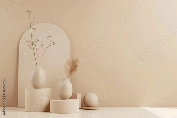 Fototapeta Minimalist abstract scene featuring geometric shapes against a soft pink cream backdrop, Aesthetic white and beige podium with pastel matte spheres of different sizes. Sun rays. Luxury concept.