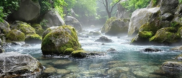 Fototapeta Rocky riverbank with fast-moving water and moss-covered stones, rocky terrain, rocks, wild flowage, water