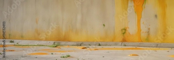 Fototapeta - Yellow painted concrete surface with splashes of orange and green, surface, texture