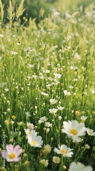 Fototapeta Soft focus shot of a serene landscape featuring a field of tall grasses with delicate white cosmos flowers, beautiful cosmos flowers, countryside scenery, natural beauty, soft focus