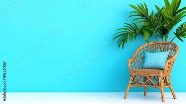 Fototapeta A stylish wicker chair with a cushion sits against a vibrant blue wall, complemented by lush green foliage, creating a refreshing and inviting atmosphere.