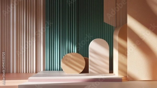 Fototapeta Sunlit Minimalist Abstract Studio Backdrop with Pastel Colors and Geometric Shapes