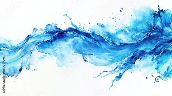Fototapeta Beautiful watercolor splash depicting flowing water, showcasing vibrant blue hues and dynamic movement against a white background