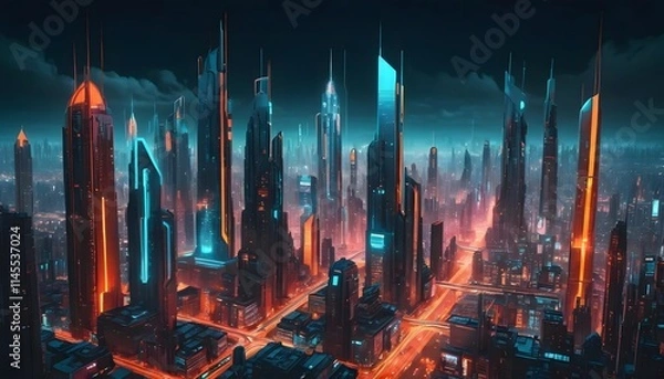 Fototapeta Futuristic cityscape at night with glowing neon lights and digital beams.