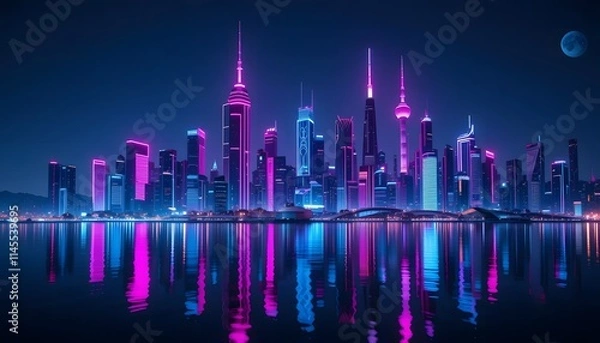 Fototapeta Futuristic cityscape at night with glowing neon lights and digital beams.