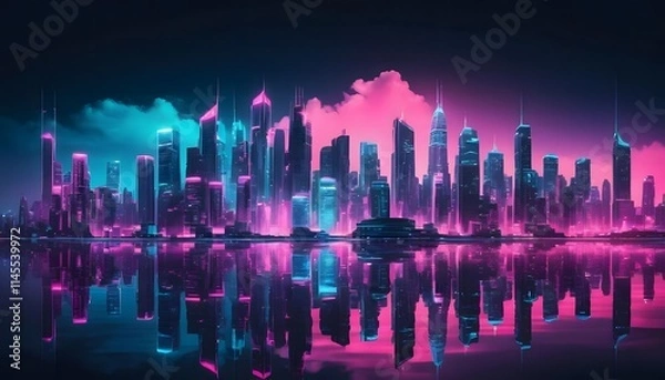 Fototapeta Futuristic cityscape at night with glowing neon lights and digital beams.