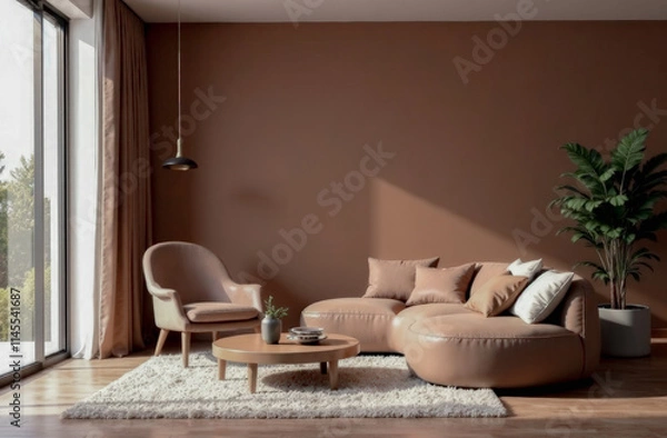 Fototapeta the interior of the room is in a minimalist style in the color of the year mocha mousse. the trending color in the fashion industry