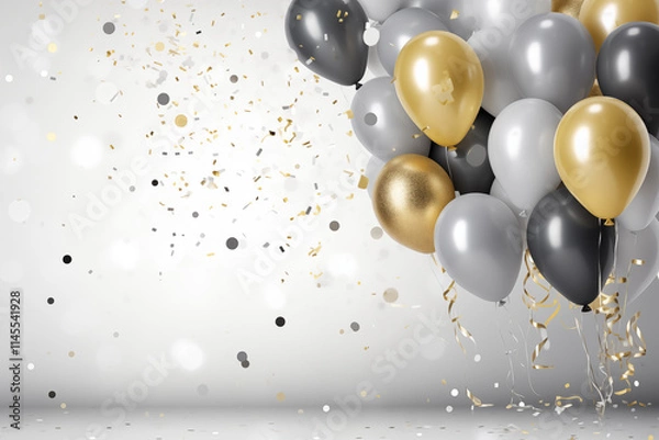 Obraz Collection of black, silver, and gold balloons floats against light gray background, accompanied by shimmering confetti. This vibrant display sets celebratory tone for any event.