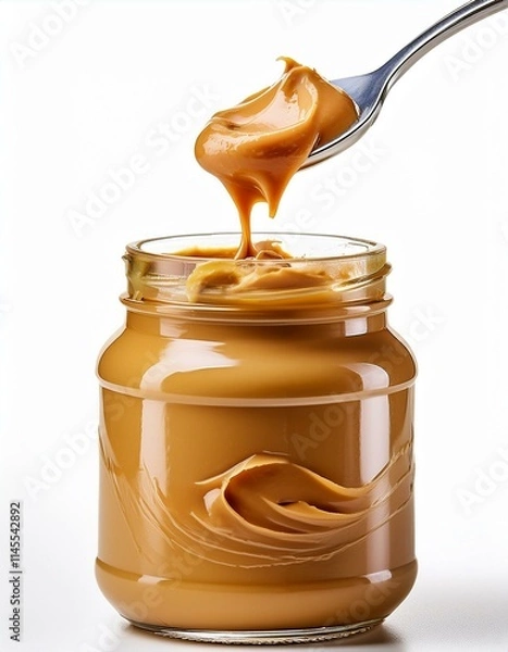 Fototapeta Spoonful of creamy peanut butter being lifted from a glass jar.