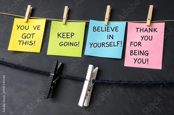 Obraz Motivational sticky notes reading "You've Got This!," "Keep Going!," "Believe in Yourself!," and "Thank You for Being You!" hung with clothespins on a rope against a chalkboard background.

