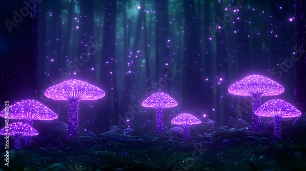 Fototapeta A dark fantasy forest illuminated by glowing mushrooms, creating an enchanting and mystical atmosphere, with intricate details of the surrounding foliage, evoking a sense of wonder, adventure, and mag