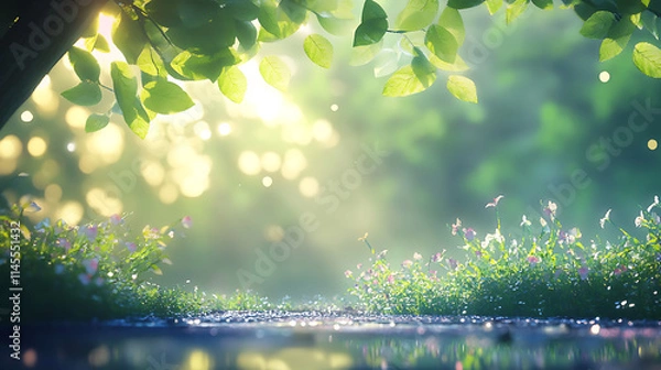 Fototapeta Sunlit Forest: A tranquil forest scene with glistening dew on the foliage, bathed in the warm glow of morning sunlight. The scene evokes a sense of serenity and peace.