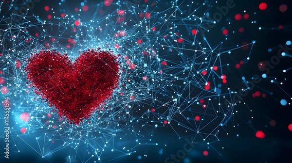 Fototapeta A vibrant digital heart surrounded by glowing particles, representing love, connection, and technology in a modern, abstract style