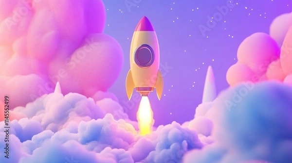 Fototapeta An enchanting cartoon-style rocket ship ascending, embodying goal achievement and aspirations