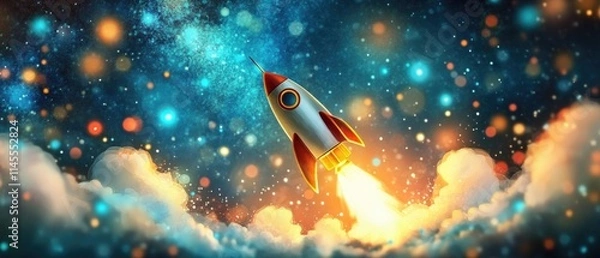Fototapeta An enchanting cartoon-style rocket ship ascending, embodying goal achievement and aspirations