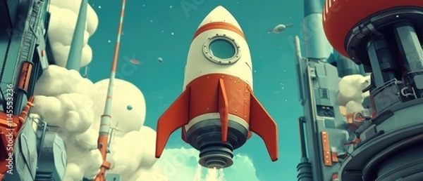 Fototapeta An enchanting cartoon-style rocket ship ascending, embodying goal achievement and aspirations