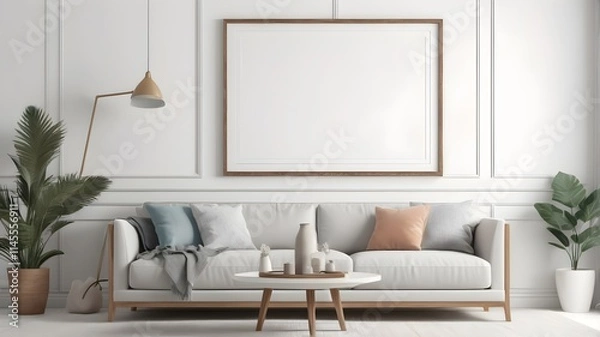 Fototapeta Modern Cozy Living Room Mockup with Stylish Furniture and Empty Canvas Frame on White Wall Texture, 3D Rendering
