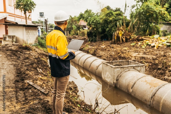 Fototapeta A male engineer inspects the installation of a large water pipe at a construction site, checking its quality to ensure proper functioning of the drainage system and adherence to standards