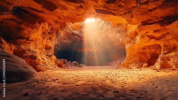 Fototapeta Sunbeam illuminating sandy cave interior.