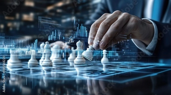 Fototapeta Businessman strategizing chess move with futuristic digital overlay, symbolizing strategic planning and decision making in business