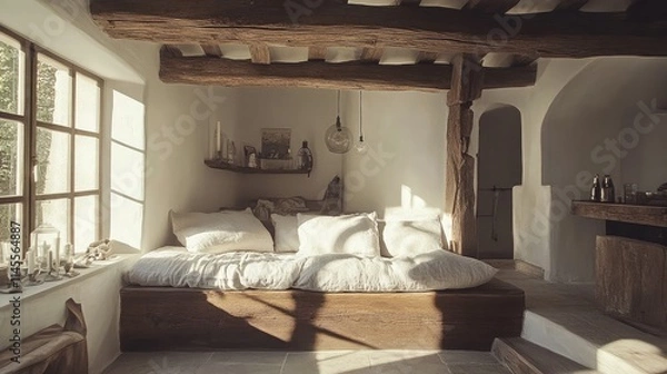 Fototapeta Cozy and Serene Interior of a Rustic Bedroom with Natural Light, Wooden Beams, and Minimalistic Decor for a Tranquil Atmosphere in a Modern Home