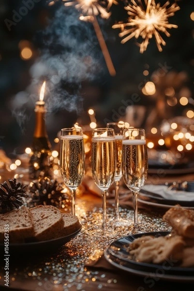 Fototapeta A table set up for a New Year’s Eve toast, with champagne flutes, party hats, and glitter scattered across, Generative AI 
