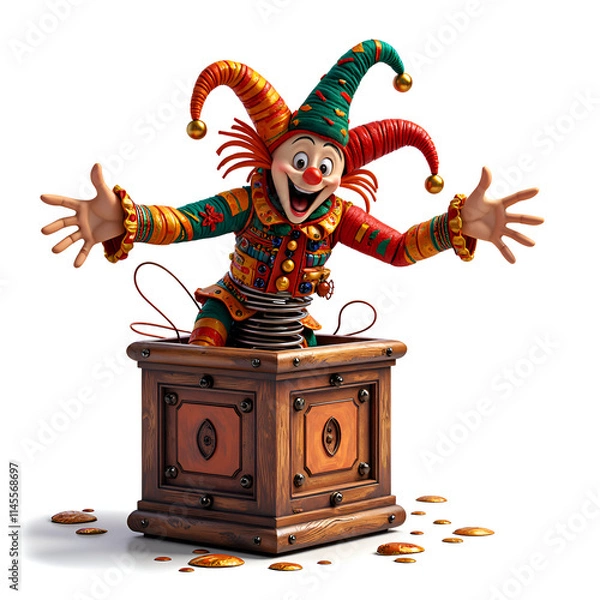 Fototapeta A playful jester jumps out of a jack in the box with coins spilling around, 3d rendering of character design concept.