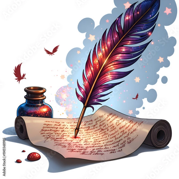 Fototapeta Enchanting quill writing on a scroll with starry ink and whispers of inspiration, digital art of fantasy concept.