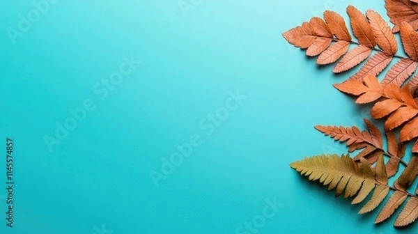 Fototapeta Micro foliage concept. Colorful fern leaves on a vibrant blue background creating a fresh and natural feeling.
