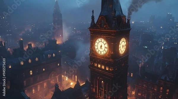 Fototapeta Mysterious nightscape featuring iconic clock tower london urban photography atmospheric setting aerial view historic charm
