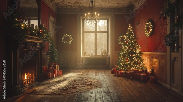 Fototapeta A beautifully rendered 3D Christmas interior with a glowing fireplace, a decorated tree, and cozy furniture, creating a warm holiday atmosphere.