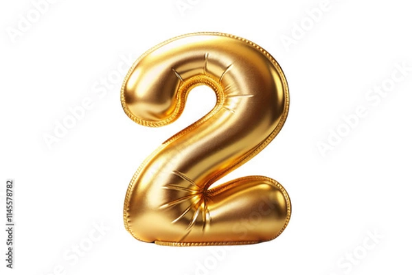 Fototapeta Shiny golden number two balloon with realistic metallic texture isolated on white background for celebrations.