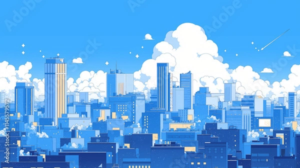 Fototapeta 70年代、80年代のシティポップを意識した都市の夜景のアニメ風イラスト,レトロポップ,日本人,懐かしい,エモい,J-pop,エモーショナル,チル,背景素材	