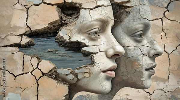 Obraz Water Wars. Dried-up lakes and cracked earth collaged with human and animal faces. Avant-garde, collage, ecology, water scarcity