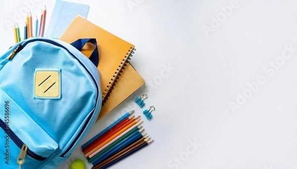 Fototapeta Top View of Light Blue School Backpack with Books and Stationery on White Background Isolated. Back to School Concept. Banner with Copy Space.