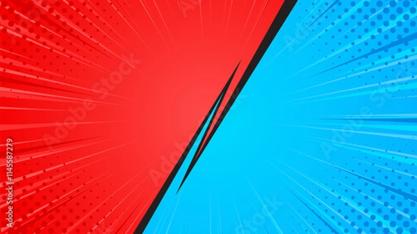 Obraz Red and blue heroes comic cartoon background. Abstract pop art comic sunburst effect with halftones. Suitable for thumbnails, templates, banners, events, ads, web, and pages