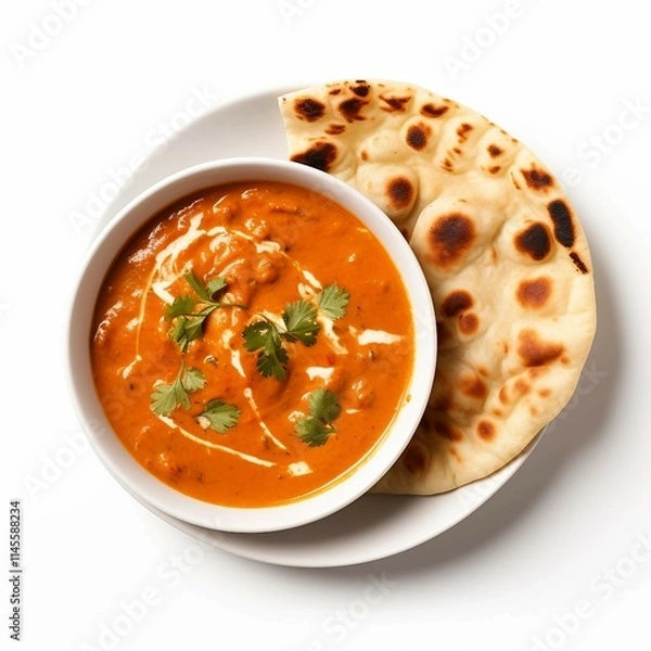 Obraz Butter Chicken and Naan, Isolated white background, flat lay 