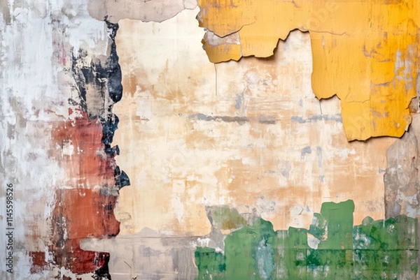 Fototapeta Abstract textured wall with peeling paint in vibrant yellow, green, red, and white tones