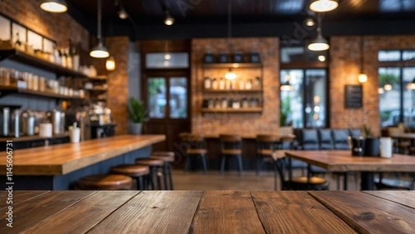 Fototapeta Empty wooden table top with lights bokeh on blur restaurant background