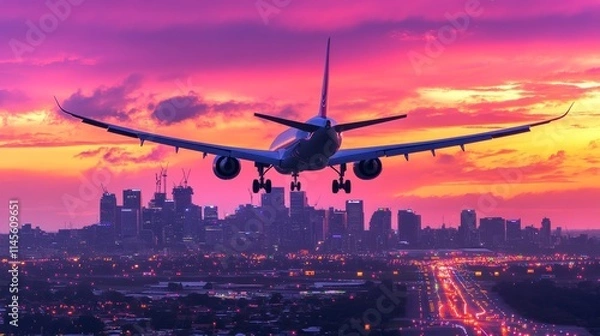 Fototapeta Airplane is flying in colorful sky over city at sunset. Landscape with passenger airplane, skyline, purple sky with red and pink clouds at dusk. Aircraft is landing at twilight. Aerial view of plane